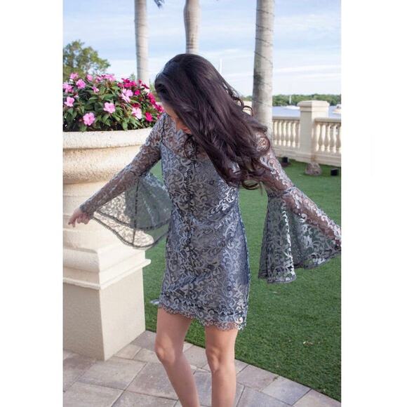 White House Black Market Silver Lace Bell Sleeve Sheath Dress Blogger Size 4 NWT - Picture 2 of 15